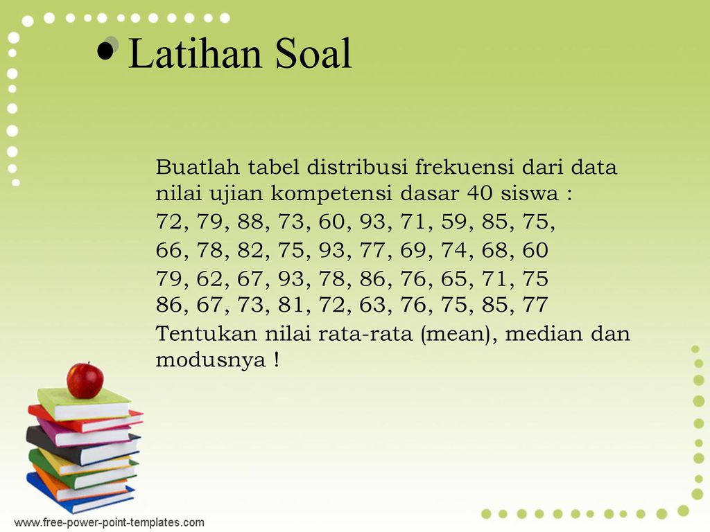 Latihan Soal Buatlah tabel distribusi frekuensi dari data nilai ujian kompetensi dasar 40 siswa : 72, 79, 88, 73, 60, 93, 71, 59, 85, 75,