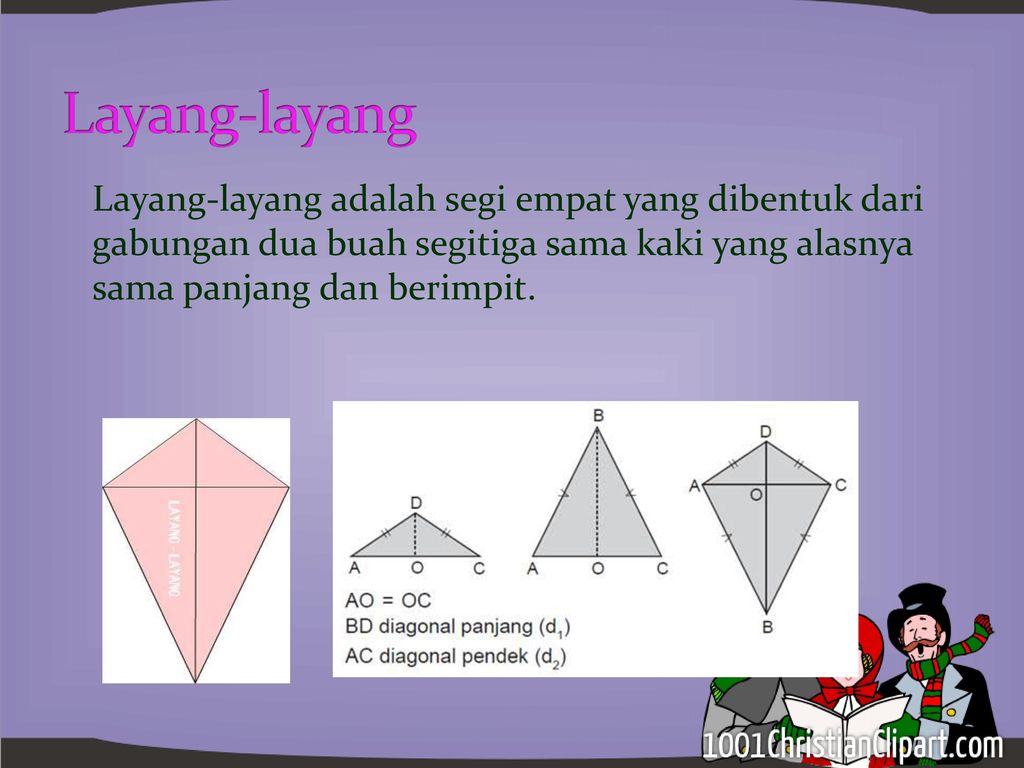 Layang-layang Layang-layang adalah segi empat yang dibentuk dari gabungan dua buah segitiga sama kaki yang alasnya sama panjang dan berimpit.