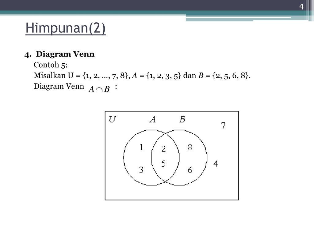 Himpunan(2) 4. Diagram Venn Contoh 5: Misalkan U = {1, 2, …, 7, 8}, A = {1, 2, 3, 5} dan B = {2, 5, 6, 8}. Diagram Venn :