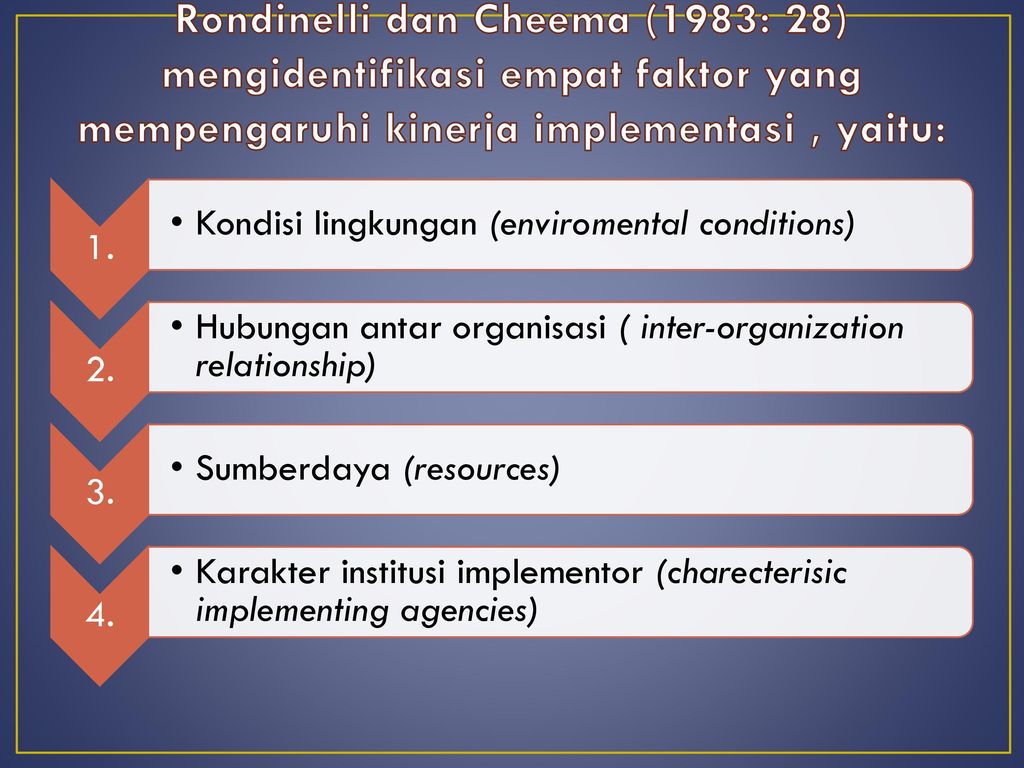 Rondinelli dan Cheema (1983: 28) mengidentifikasi empat faktor yang mempengaruhi kinerja implementasi , yaitu: