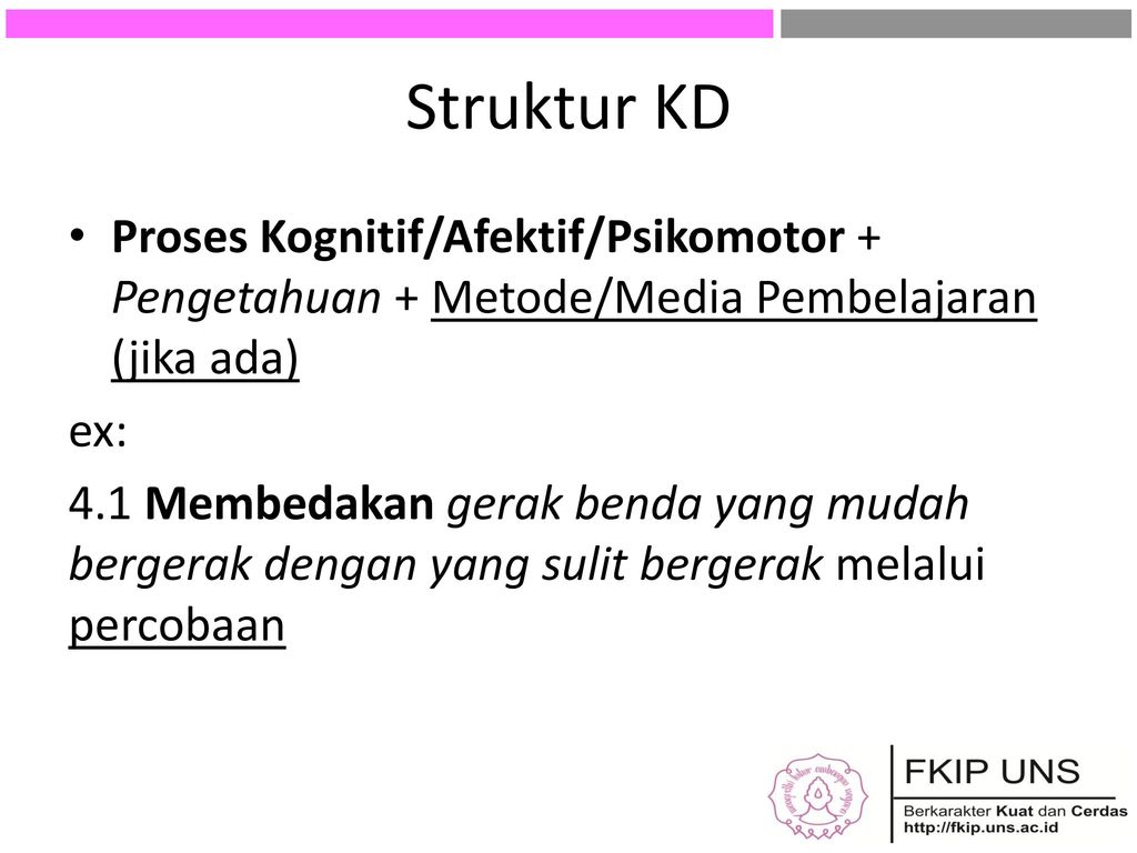 Struktur KD Proses Kognitif/Afektif/Psikomotor + Pengetahuan + Metode/Media Pembelajaran (jika ada)