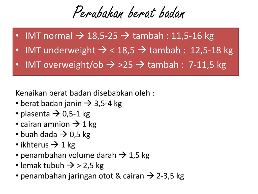 Perubahan berat badan IMT normal  18,5-25  tambah : 11,5-16 kg
