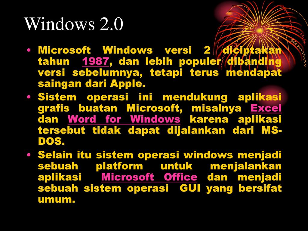 Windows 2.0 Microsoft Windows versi 2 diciptakan tahun 1987, dan lebih populer dibanding versi sebelumnya, tetapi terus mendapat saingan dari Apple.