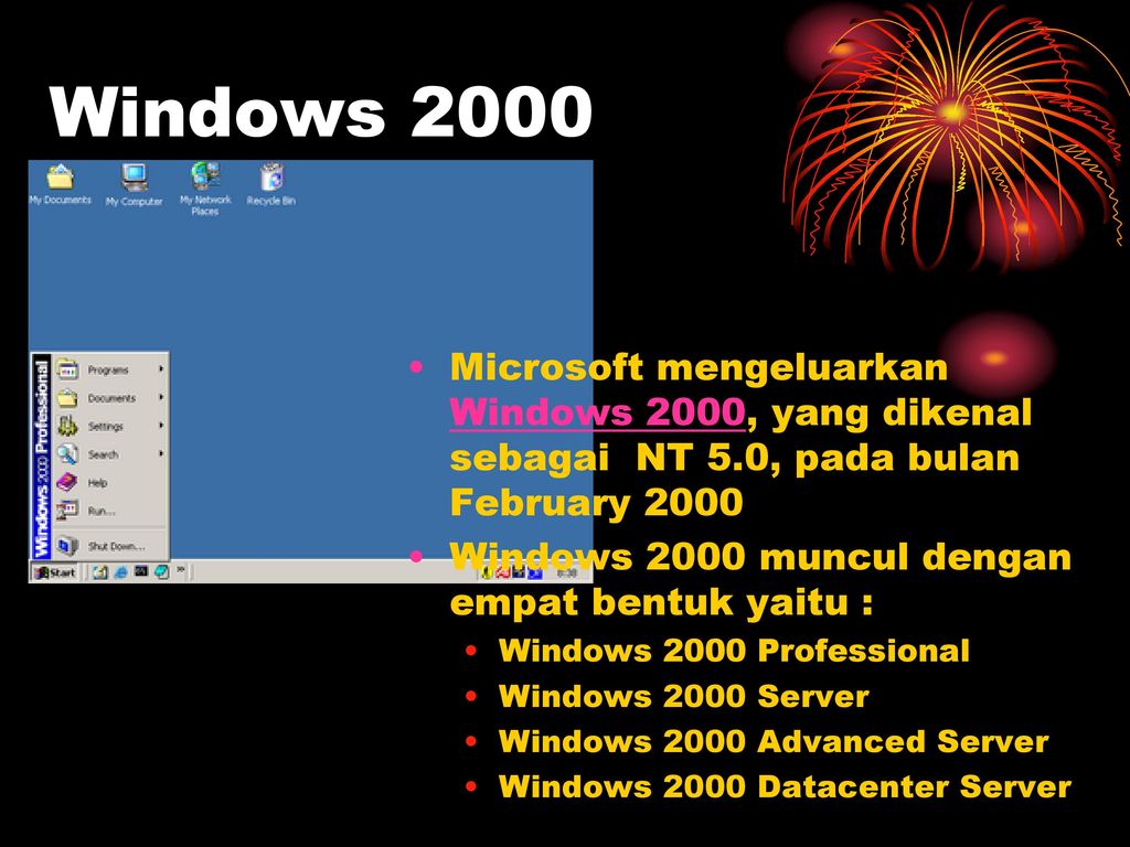 Windows 2000 Microsoft mengeluarkan Windows 2000, yang dikenal sebagai NT 5.0, pada bulan February