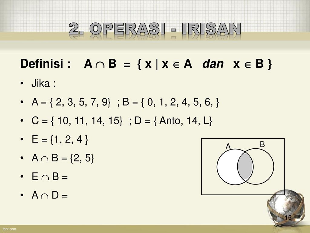 2. OPERASI - IRISAN Definisi : A  B = { x | x  A dan x  B } Jika :