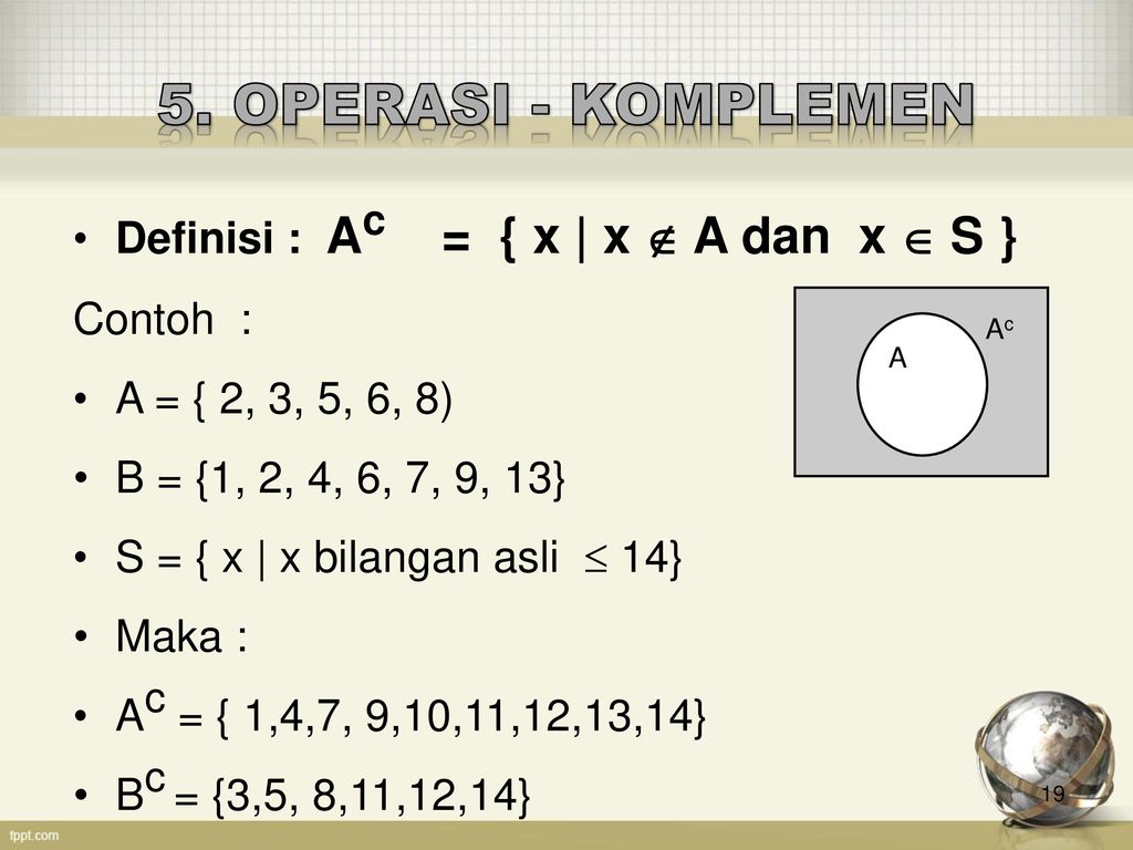 5. OPERASI - KOMPLEMEN Definisi : Ac = { x | x  A dan x  S }