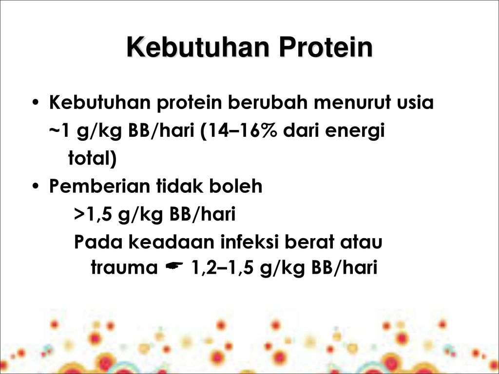 Kebutuhan Protein Kebutuhan protein berubah menurut usia