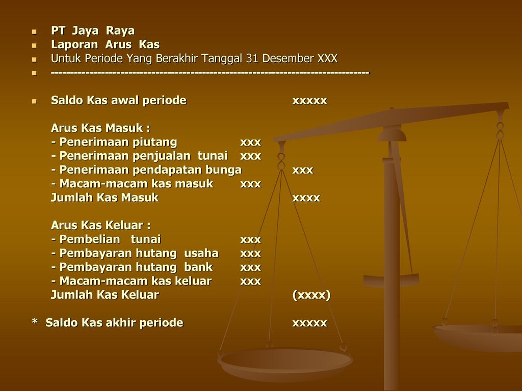 PT Jaya Raya Laporan Arus Kas. Untuk Periode Yang Berakhir Tanggal 31 Desember XXX.