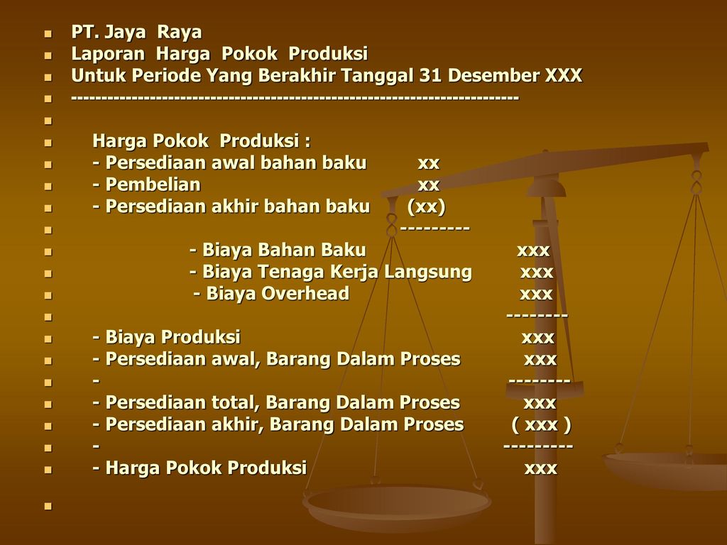 PT. Jaya Raya Laporan Harga Pokok Produksi. Untuk Periode Yang Berakhir Tanggal 31 Desember XXX.