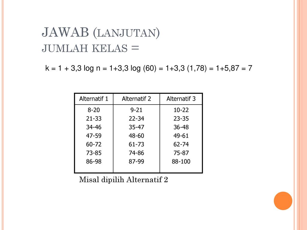 JAWAB (lanjutan) Batas atas kelas pertama adalah batas bawah kelas ditambah lebar kelas, yaitu sebesar.