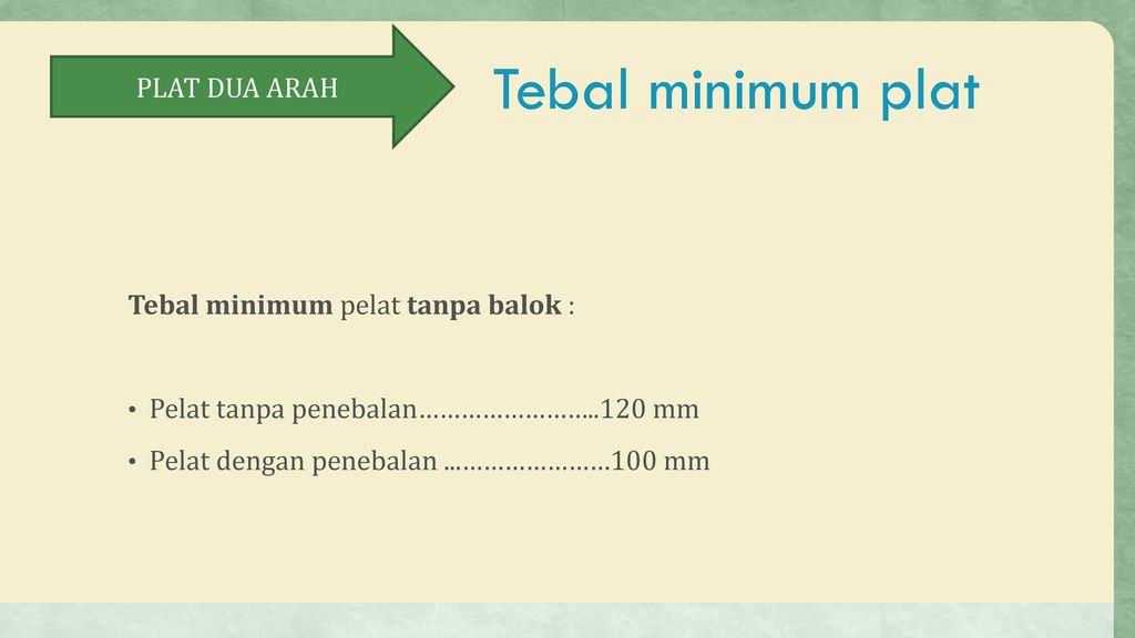 Tebal minimum plat PLAT DUA ARAH Tebal minimum pelat tanpa balok :