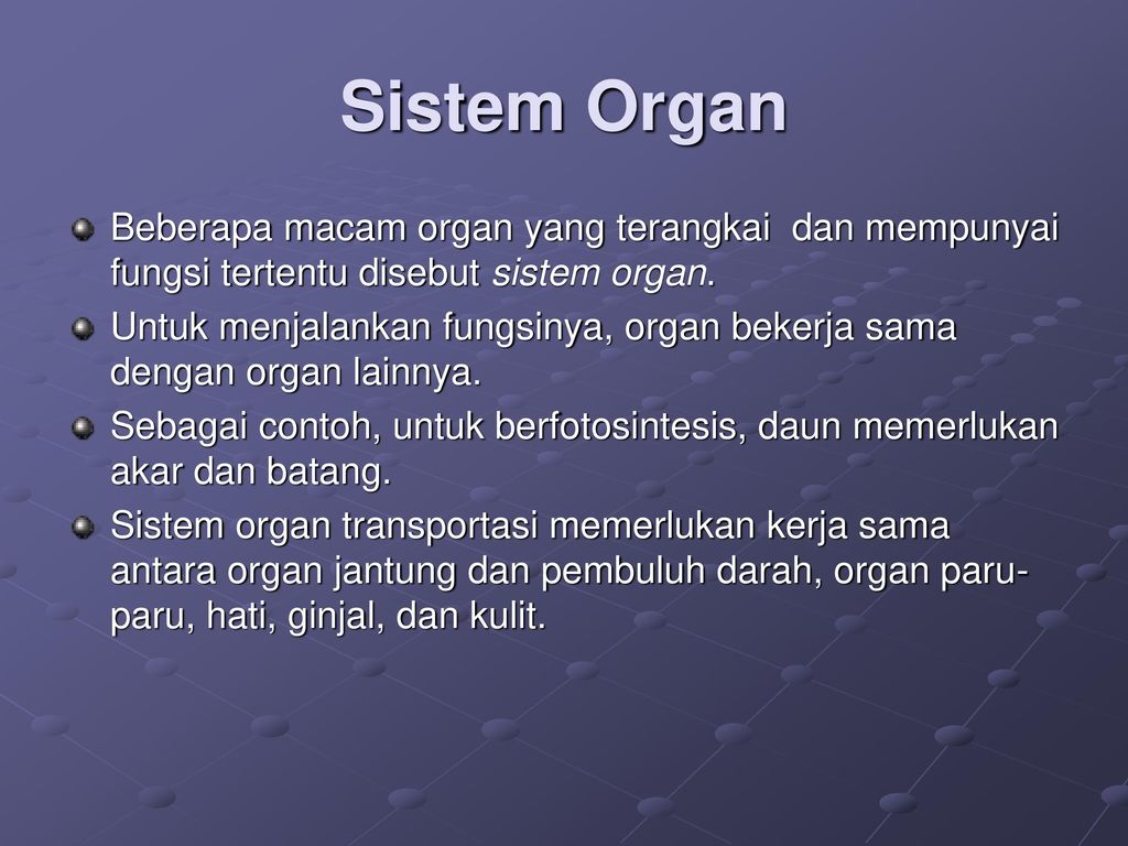 Sistem Organ Beberapa macam organ yang terangkai dan mempunyai fungsi tertentu disebut sistem organ.