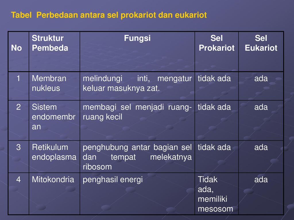 Tabel Perbedaan antara sel prokariot dan eukariot