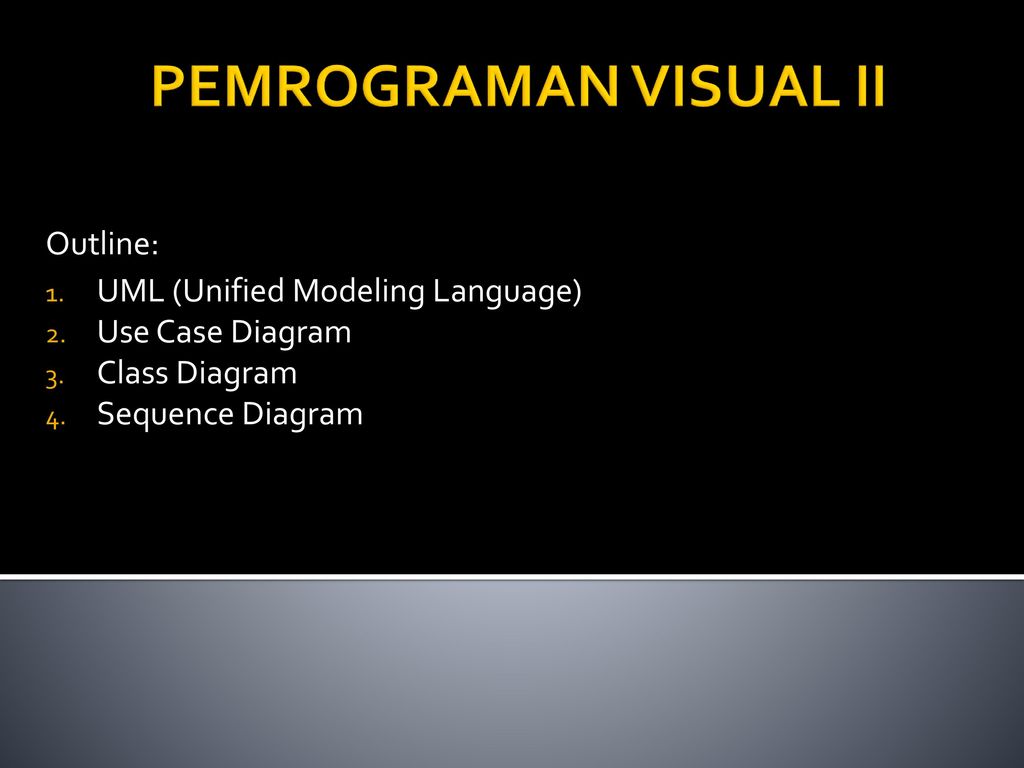 PEMROGRAMAN VISUAL II Outline: UML (Unified Modeling Language)