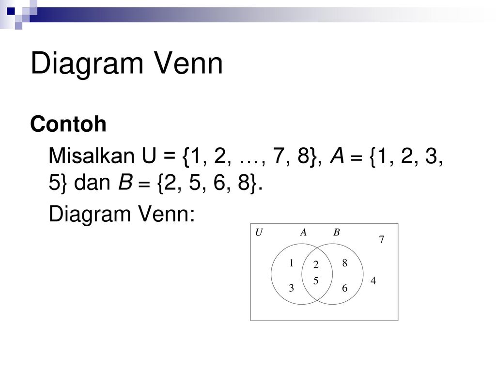 Diagram Venn Contoh. Misalkan U = {1, 2, …, 7, 8}, A = {1, 2, 3, 5} dan B = {2, 5, 6, 8}.