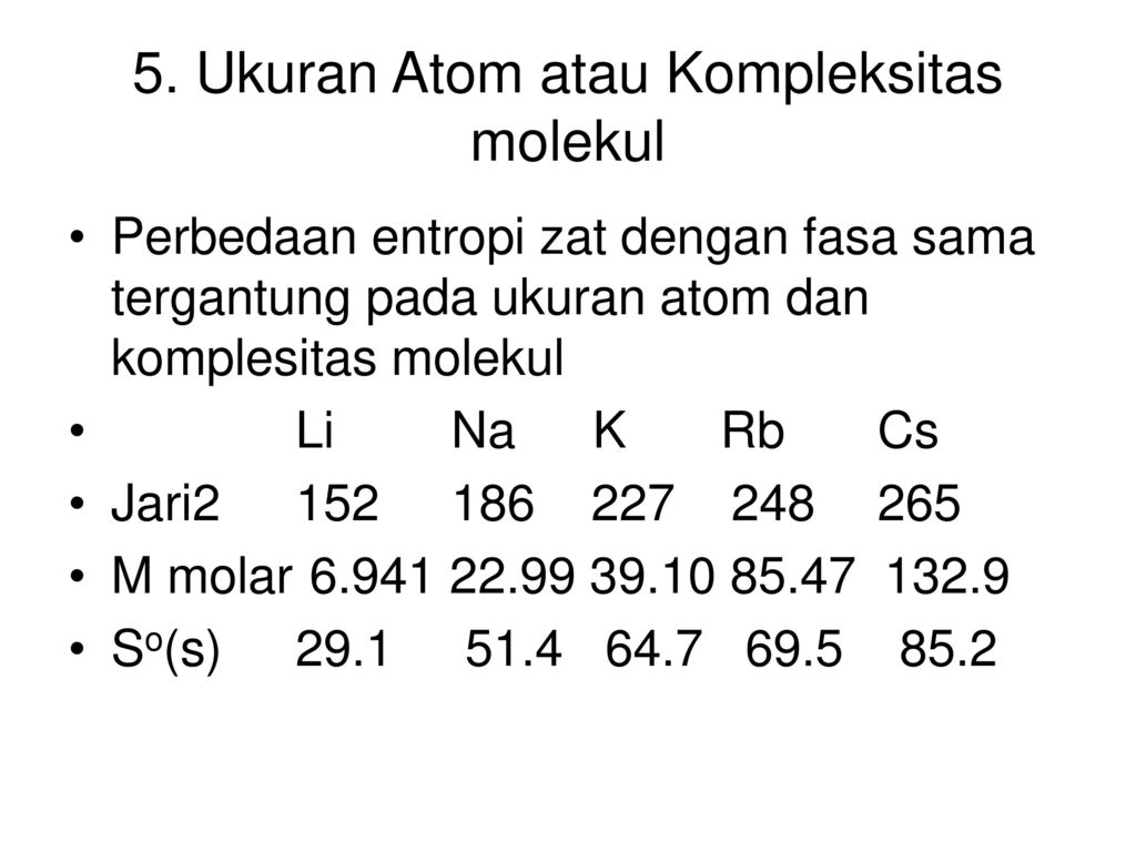 5. Ukuran Atom atau Kompleksitas molekul