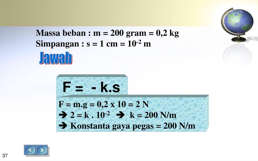 F = - k.s Massa beban : m = 200 gram = 0,2 kg