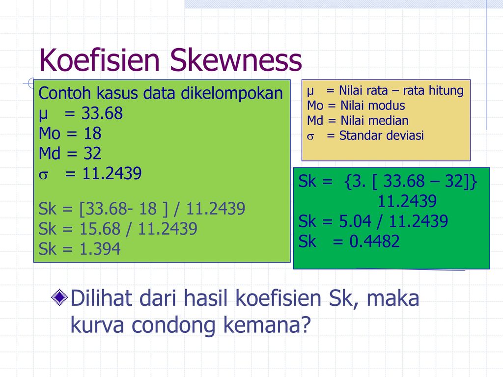 Koefisien Skewness Contoh kasus data dikelompokan. µ = Mo = 18. Md = 32.  =