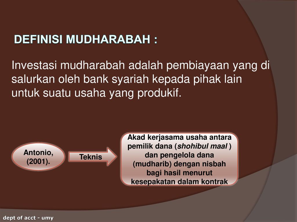 DEFINISI MUDHARABAH : Investasi mudharabah adalah pembiayaan yang di salurkan oleh bank syariah kepada pihak lain untuk suatu usaha yang produkif.