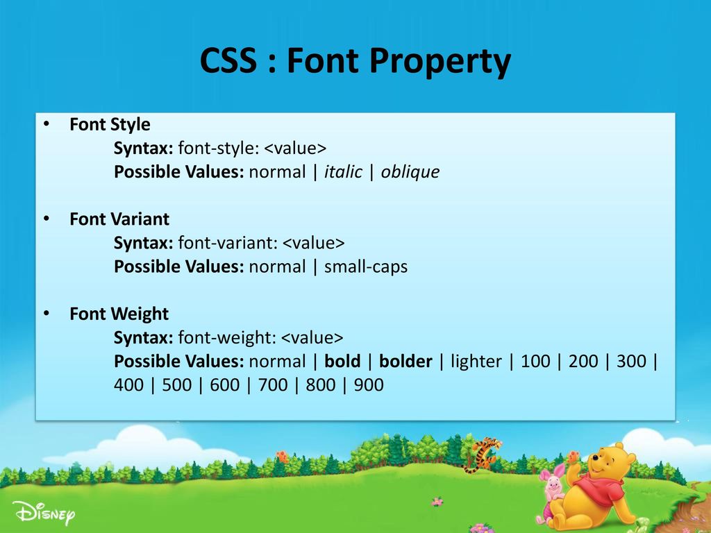 Possible values. CSS шрифт синтаксис. Font-variant CSS что это. Font properties. CSS difference between Italic and Oblique.