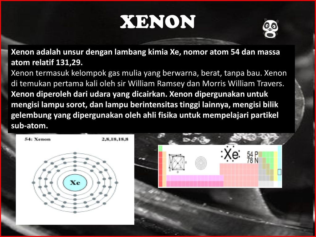 XENON Xenon adalah unsur dengan lambang kimia Xe, nomor atom 54 dan massa atom relatif 131,29.