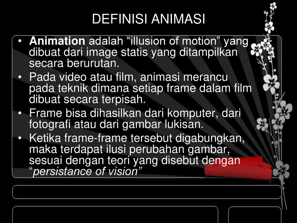 Animasi yang dibuat dengan cara gambar manual oleh tangan, animator membuat gambar untuk setiap frame yang kemudian akan menjadi rangkain gambar animasi adalah pengertian dari