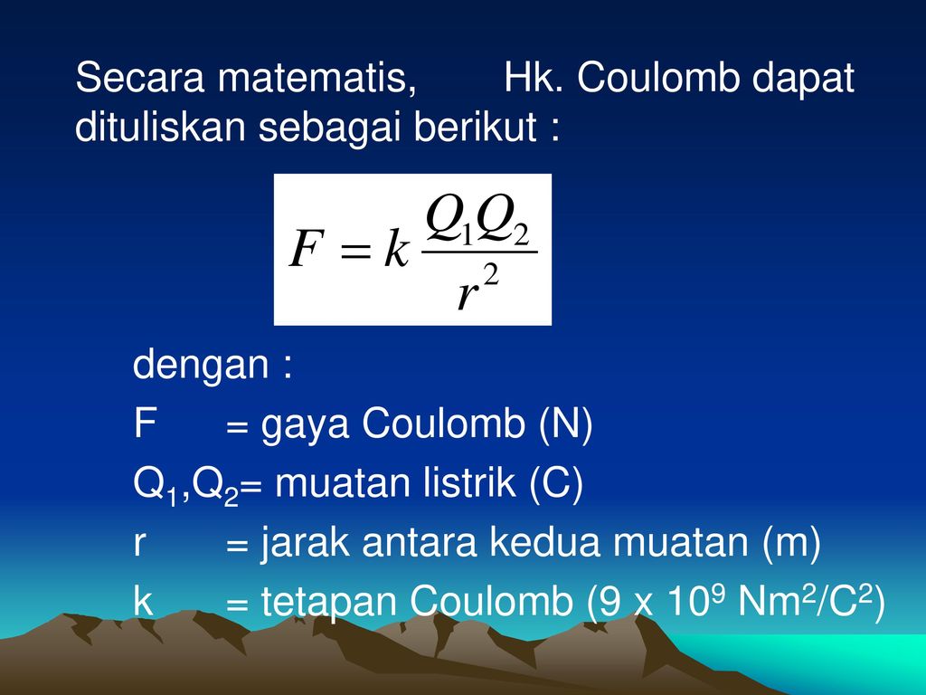 Secara matematis, Hk. Coulomb dapat dituliskan sebagai berikut :