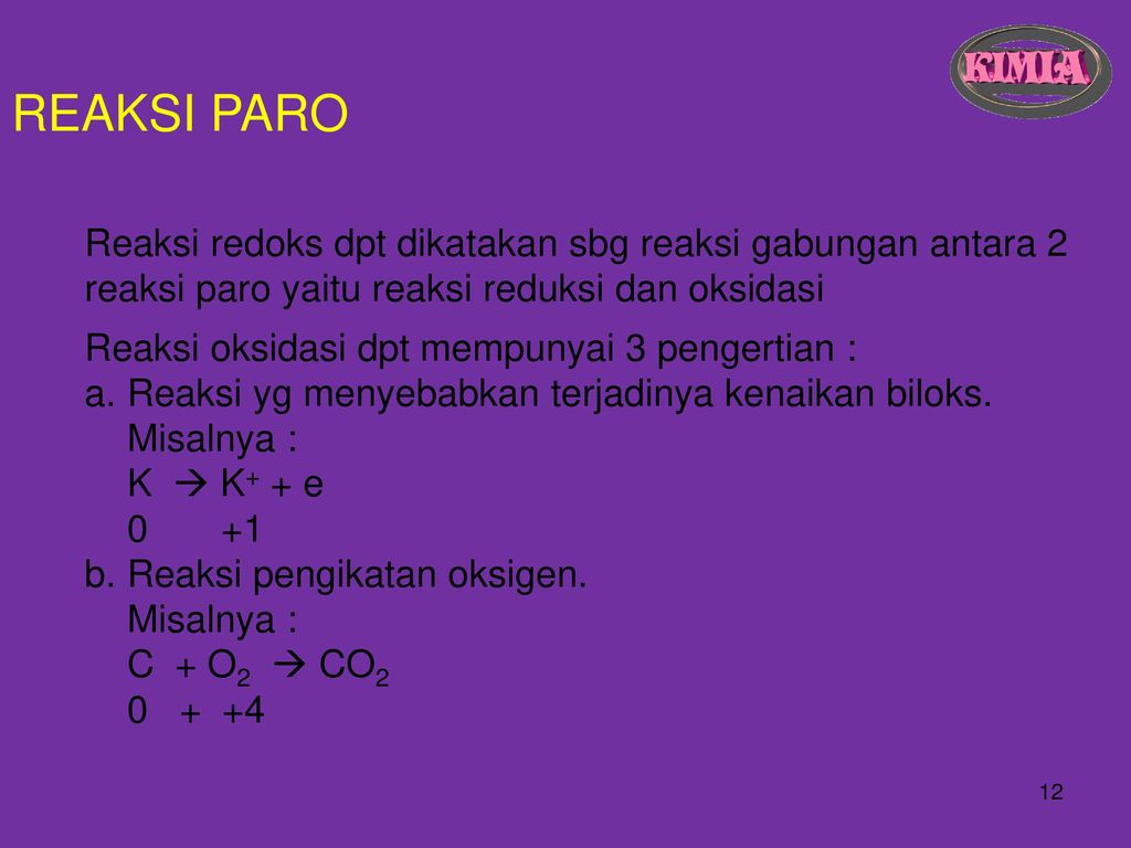 REAKSI PARO Reaksi redoks dpt dikatakan sbg reaksi gabungan antara 2 reaksi paro yaitu reaksi reduksi dan oksidasi.
