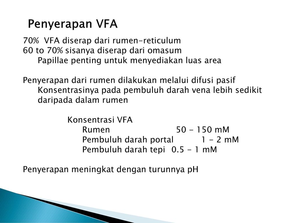 Penyerapan VFA 70% VFA diserap dari rumen-reticulum
