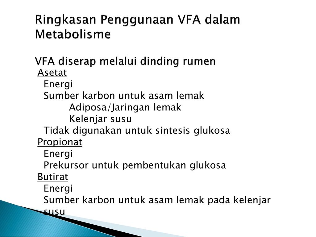 Ringkasan Penggunaan VFA dalam Metabolisme VFA diserap melalui dinding rumen
