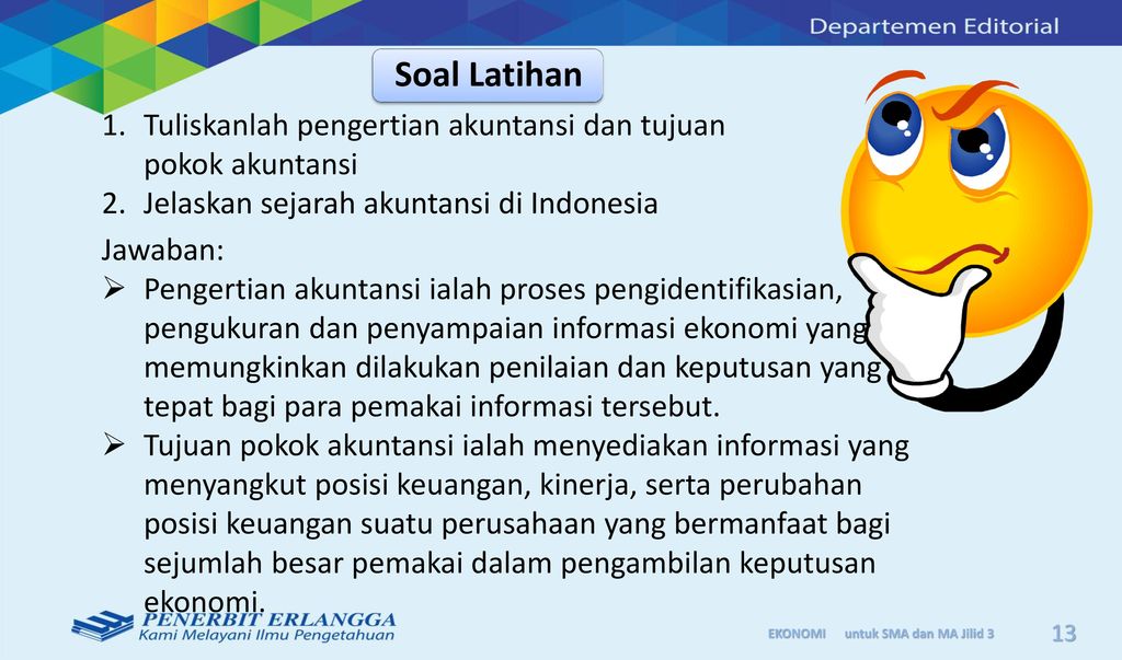 Soal Latihan Tuliskanlah pengertian akuntansi dan tujuan pokok akuntansi. Jelaskan sejarah akuntansi di Indonesia.