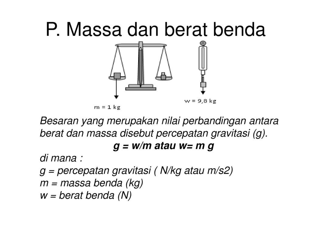 P. Massa dan berat benda Besaran yang merupakan nilai perbandingan antara berat dan massa disebut percepatan gravitasi (g).