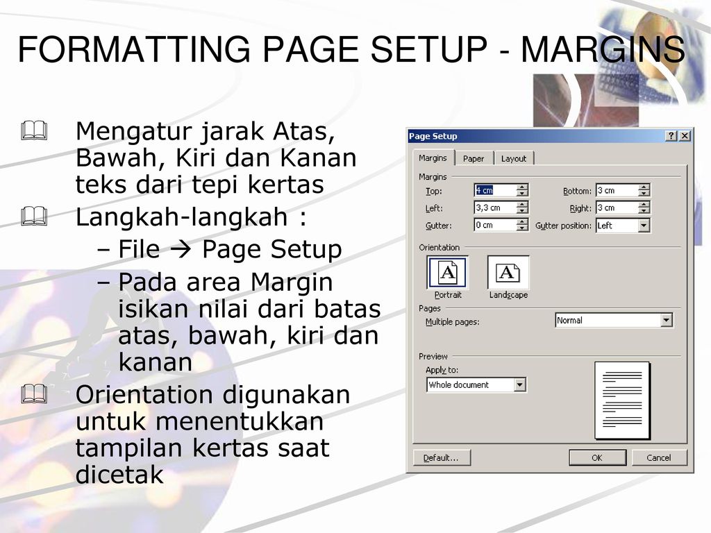 Формат pages. Page Setup. Page format. Format Page bottom margin. Page Setup pəncərəsi.