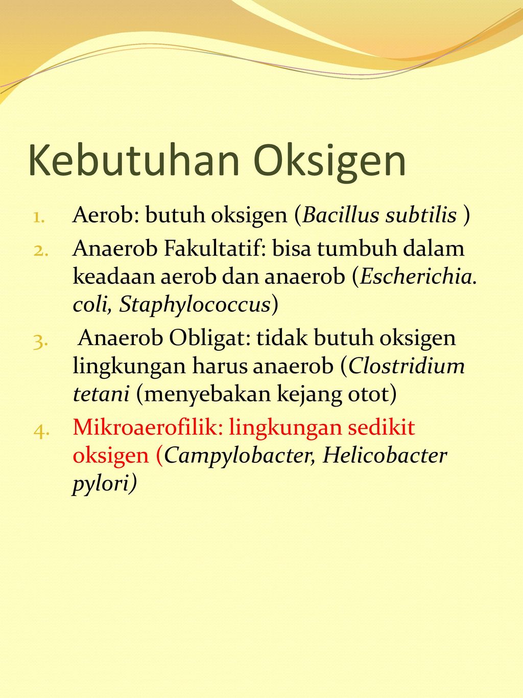 Kebutuhan Oksigen Aerob: butuh oksigen (Bacillus subtilis )