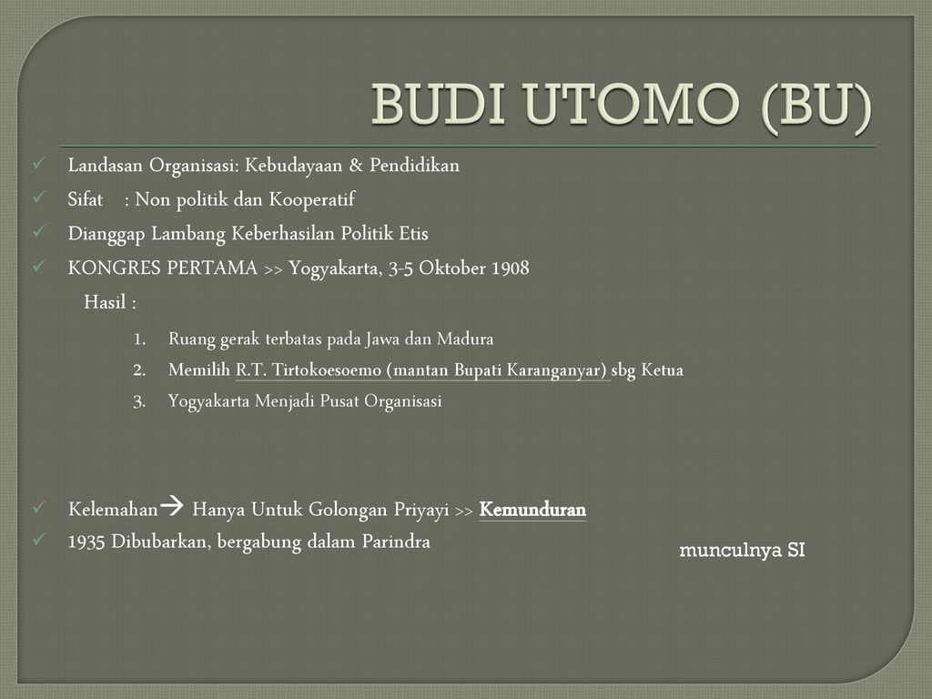 BUDI UTOMO (BU) Landasan Organisasi: Kebudayaan & Pendidikan