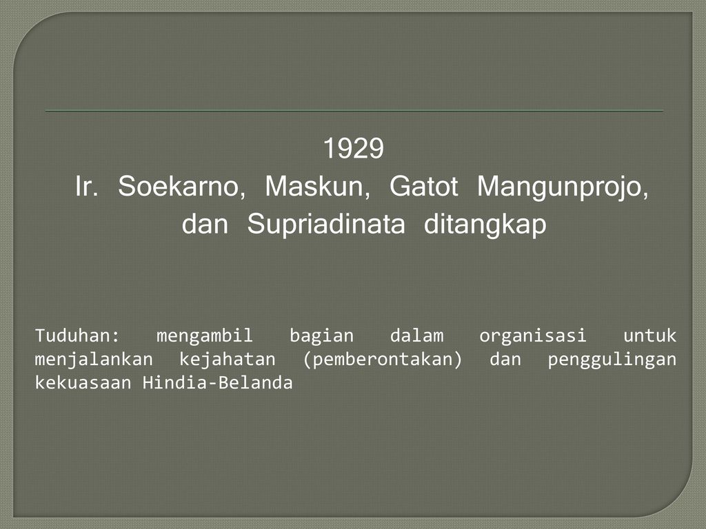 1929 Ir. Soekarno, Maskun, Gatot Mangunprojo, dan Supriadinata ditangkap