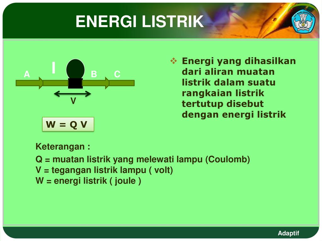 ENERGI LISTRIK Energi yang dihasilkan dari aliran muatan listrik dalam suatu rangkaian listrik tertutup disebut dengan energi listrik.