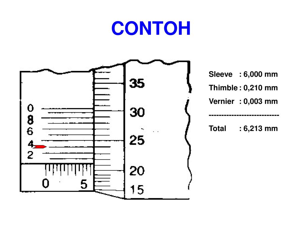 CONTOH Sleeve : 6,000 mm Thimble : 0,210 mm Vernier : 0,003 mm
