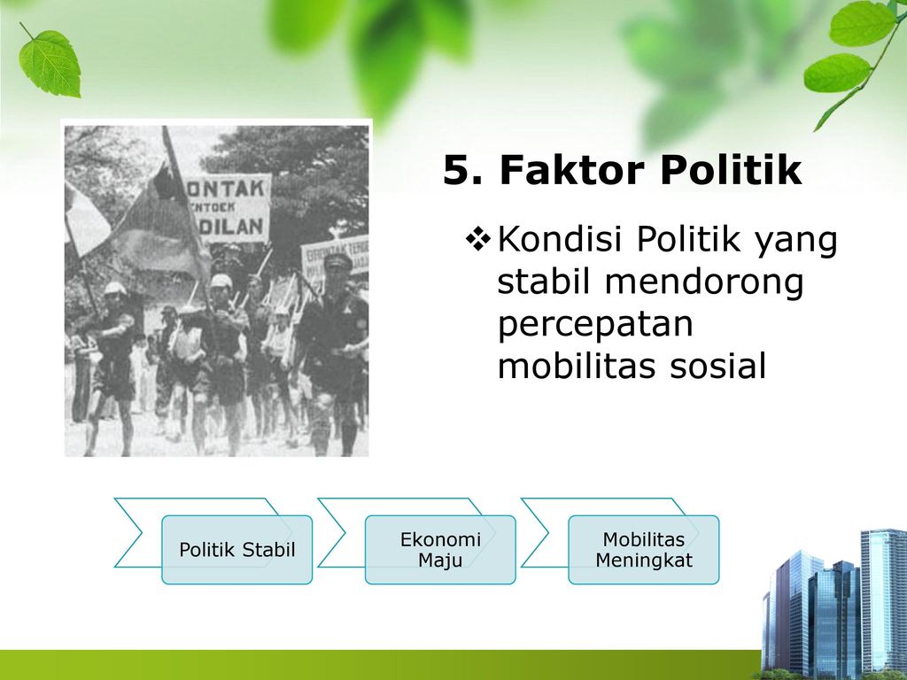 5. Faktor Politik Kondisi Politik yang stabil mendorong percepatan mobilitas sosial. Politik Stabil.