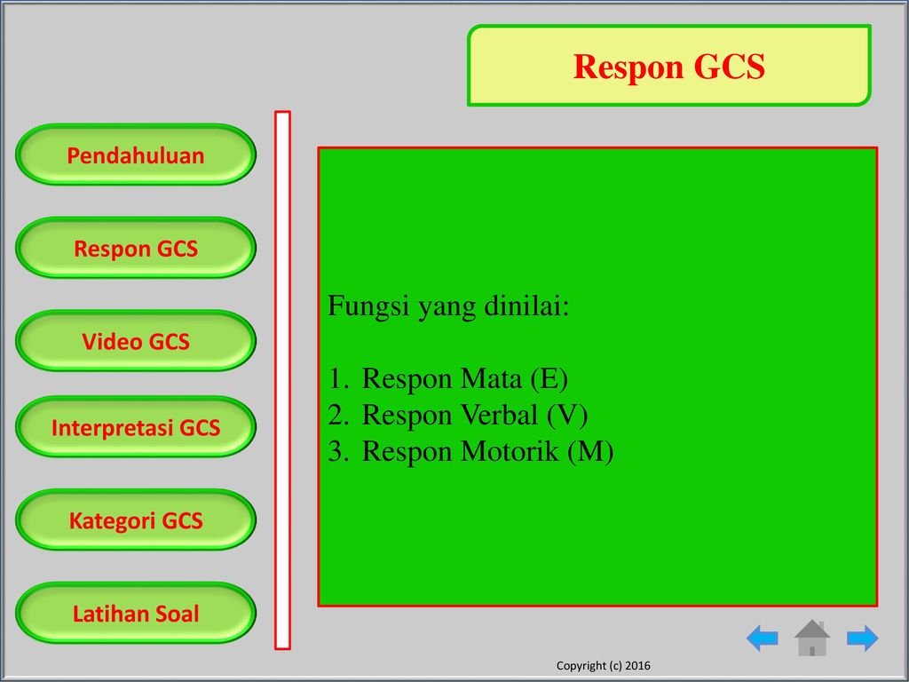 Respon GCS Fungsi yang dinilai: Respon Mata (E) Respon Verbal (V)