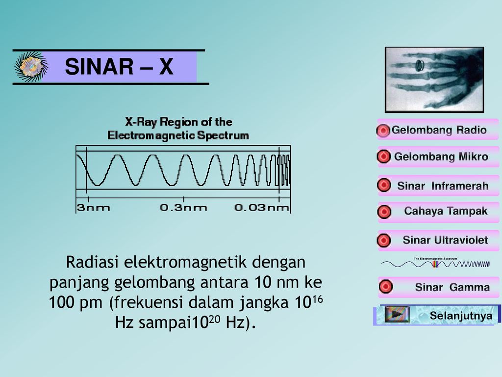 SINAR – X Gelombang Radio. Gelombang Mikro. Sinar Inframerah. Cahaya Tampak. Sinar Ultraviolet.