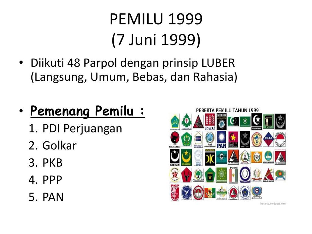 PEMILU 1999 (7 Juni 1999) Diikuti 48 Parpol dengan prinsip LUBER (Langsung, Umum, Bebas, dan Rahasia)