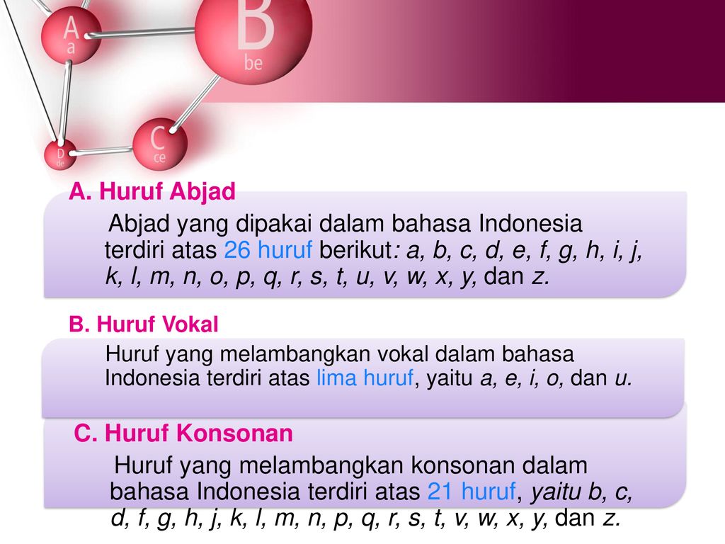 A. Huruf Abjad Abjad yang dipakai dalam bahasa Indonesia terdiri atas 26 huruf berikut: a, b, c, d, e, f, g, h, i, j, k, l, m, n, o, p, q, r, s, t, u, v, w, x, y, dan z.