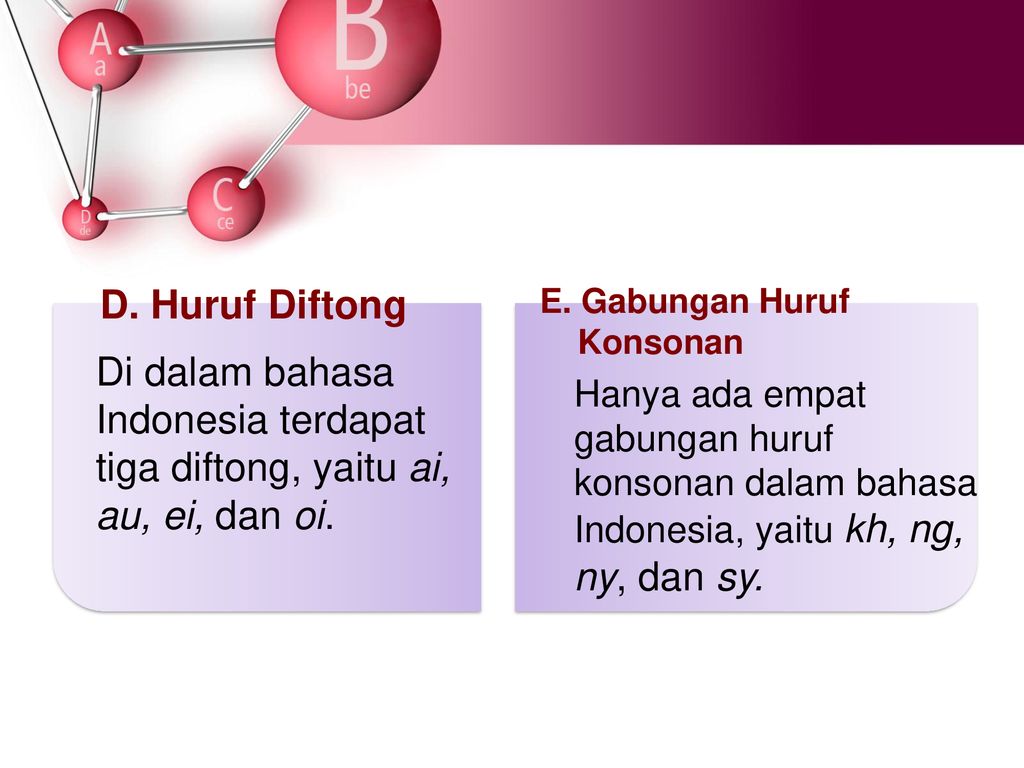 D. Huruf Diftong E. Gabungan Huruf. Konsonan. Di dalam bahasa Indonesia terdapat tiga diftong, yaitu ai, au, ei, dan oi.