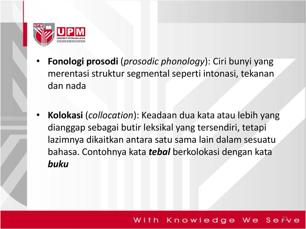 Fonologi prosodi (prosodic phonology): Ciri bunyi yang merentasi struktur segmental seperti intonasi, tekanan dan nada