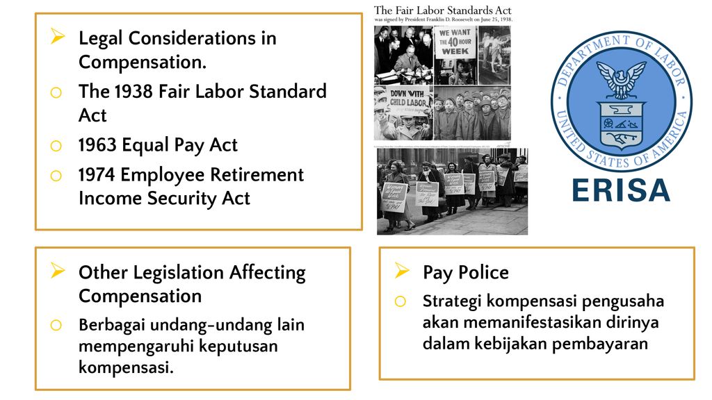 The Fair Labor Standards Act of 1938. Equal pay Act. Fair Labor Practices.