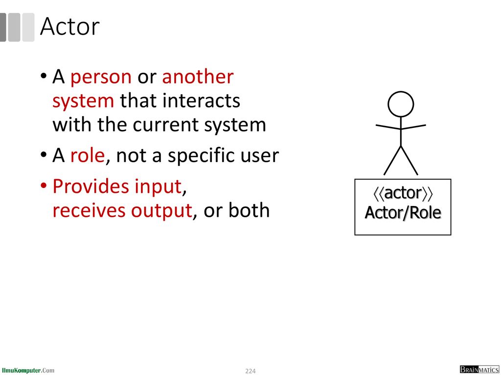 Actor A person or another system that interacts with the current system. A role, not a specific user.