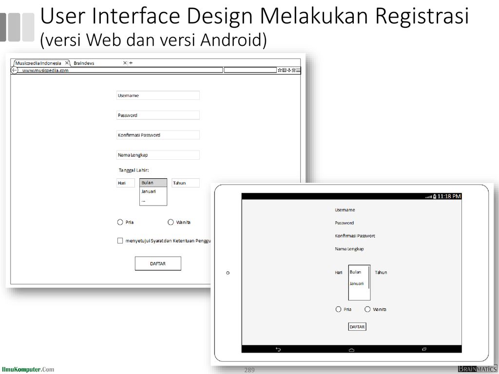 User Interface Design Melakukan Registrasi (versi Web dan versi Android)