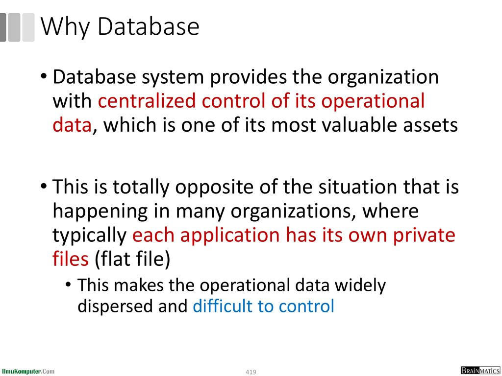 Why Database Database system provides the organization with centralized control of its operational data, which is one of its most valuable assets.