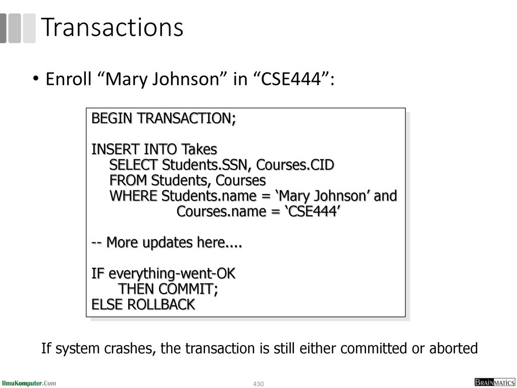 Transactions Enroll Mary Johnson in CSE444 : BEGIN TRANSACTION;